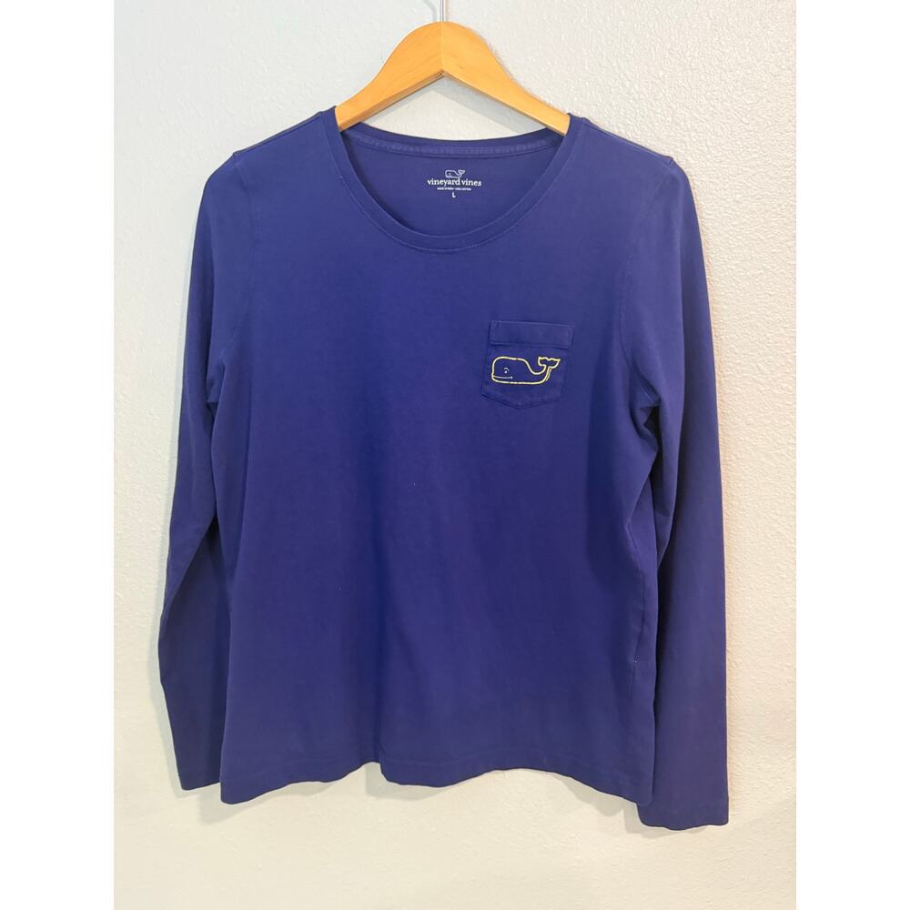 Vineyard Vines Long Sleeve Pocket Tee Women Size L Blue Yellow Whale Graphic - Picture 5 of 10
